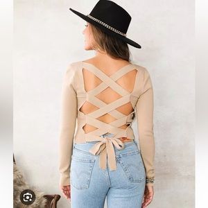 Cream lace-up back crop sweater